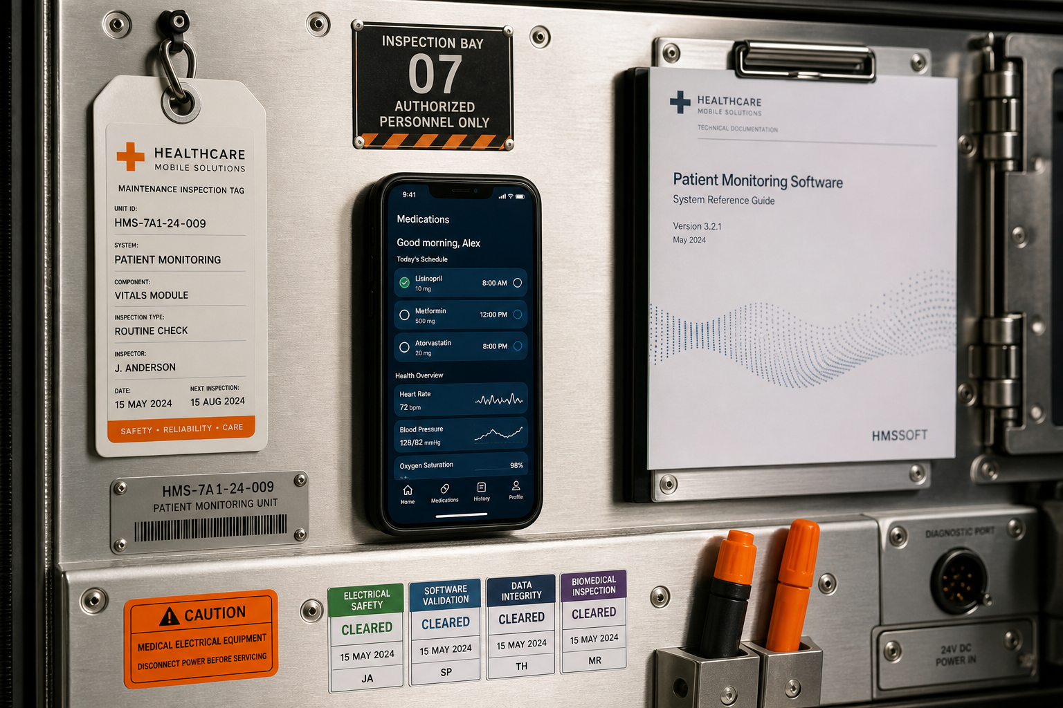 Healthcare mobile solutions inspection bay with medication reminder app interface