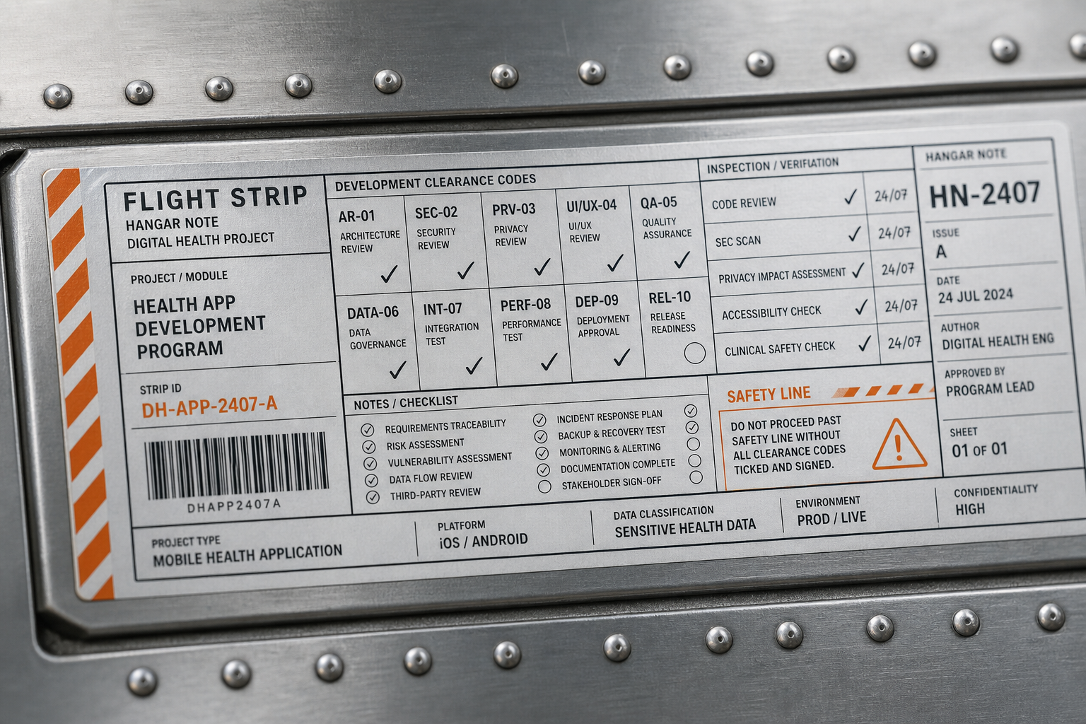 Flight strip inspection labels for digital health development clearance codes