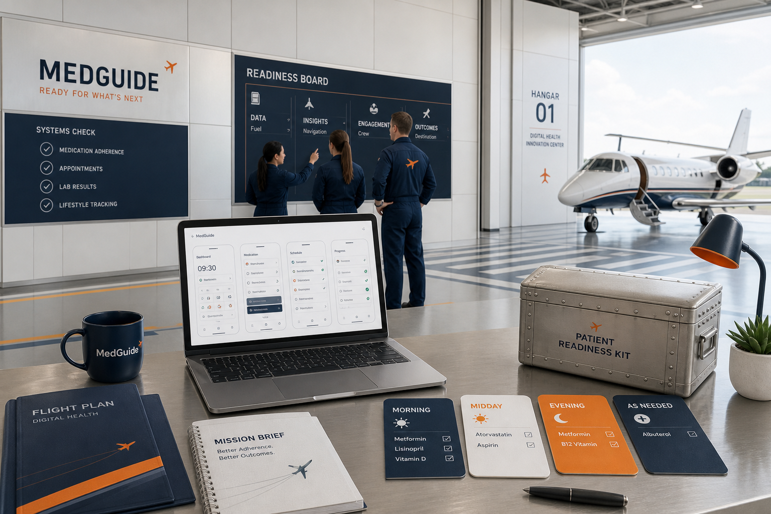 Digital health app development inspection desk with checklist cards and mobile wireframes