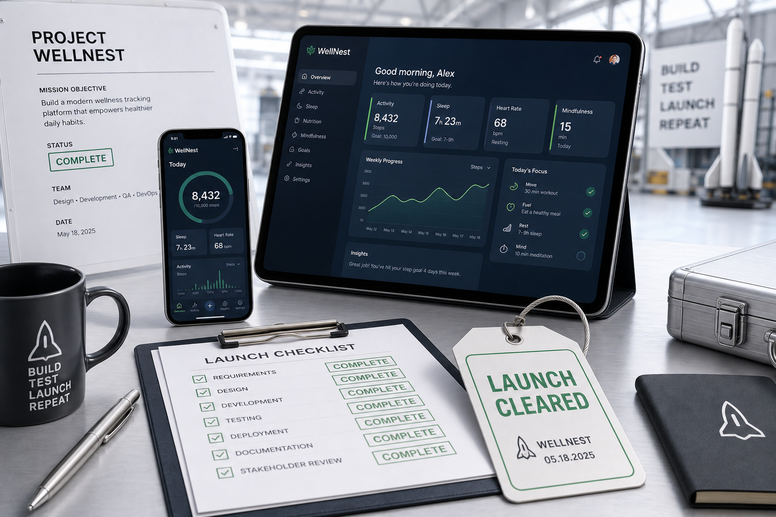Completed wellness tracking platform displayed on tablet and mobile devices