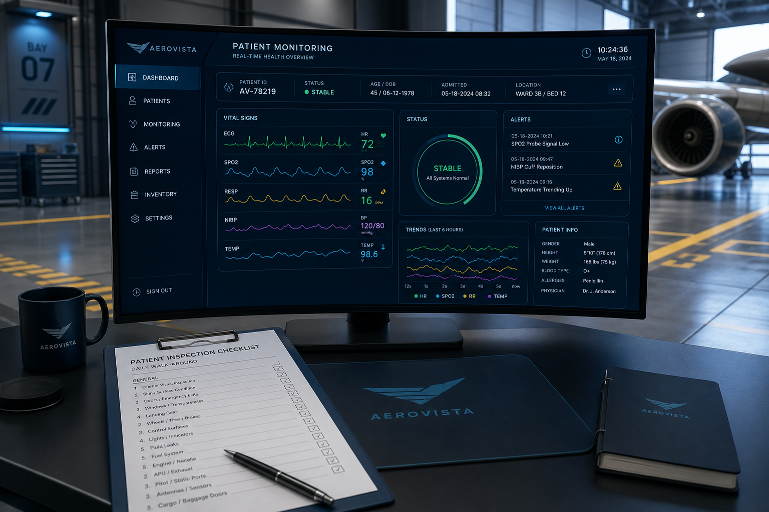 Patient monitoring software dashboard with real-time health metrics display