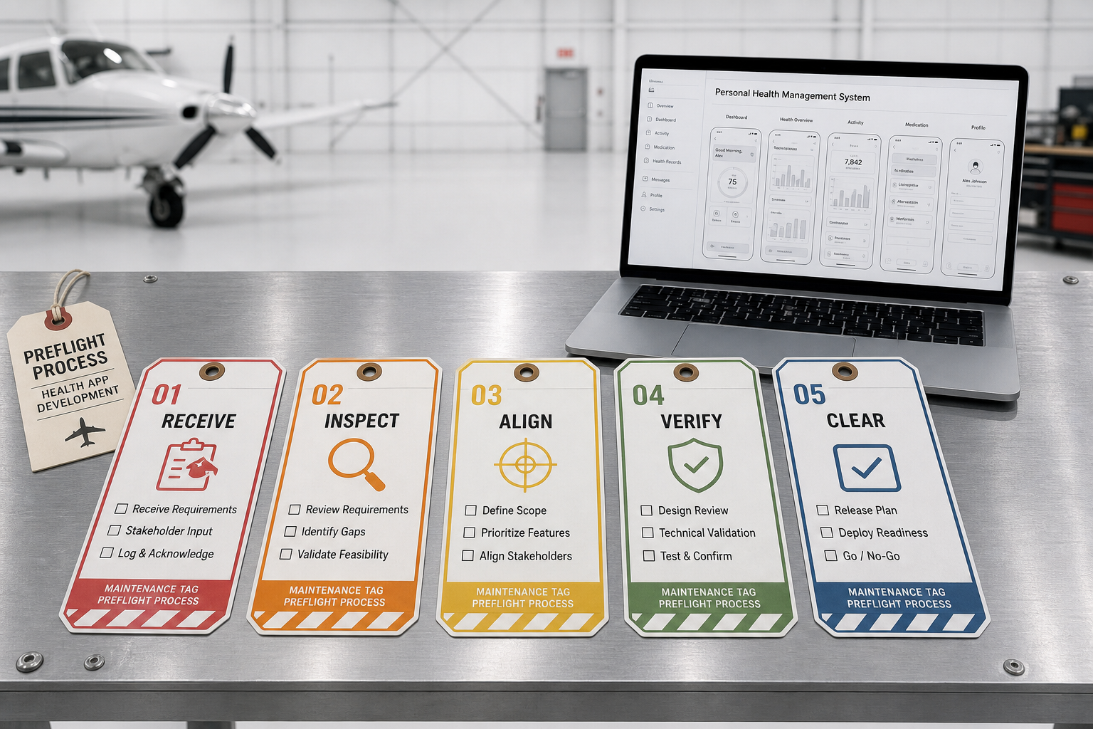 Preflight inspection sequence cards for digital health app development process