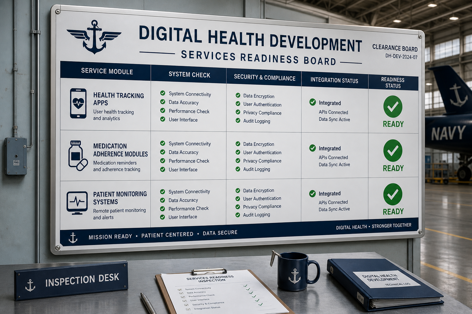 Digital health development services readiness board with clearance labels